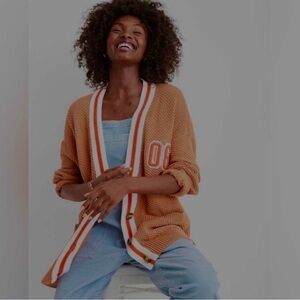 Aerie Orange Button-Up Cardigan with White Trim